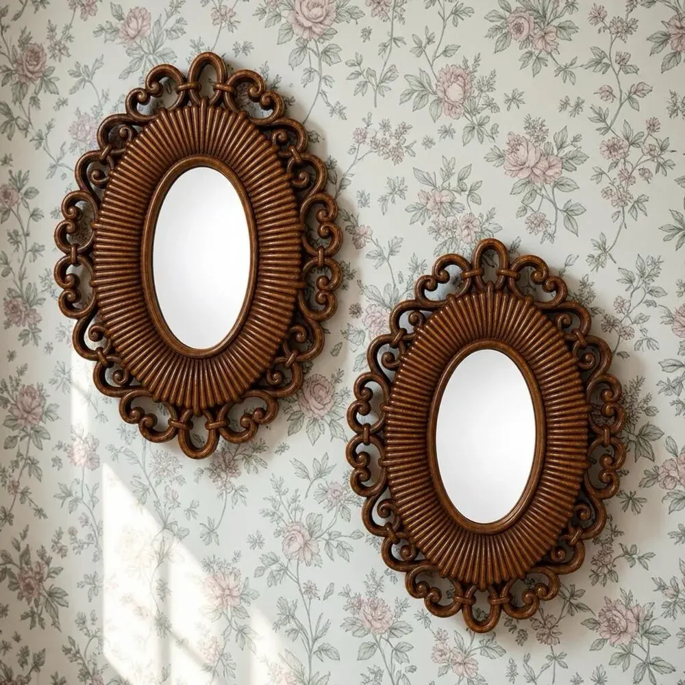 Vintage Wall Mirrors Pair HOMCO Faux Wood Oval Gallery Wall French Provincial